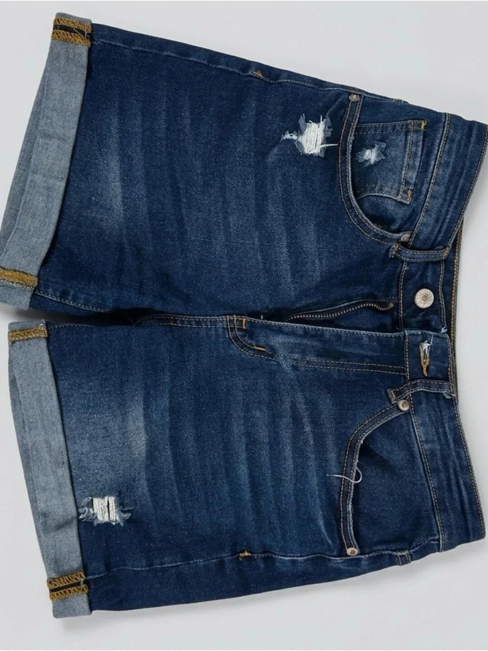 Distressed High-Waisted Cuffed Denim Shorts